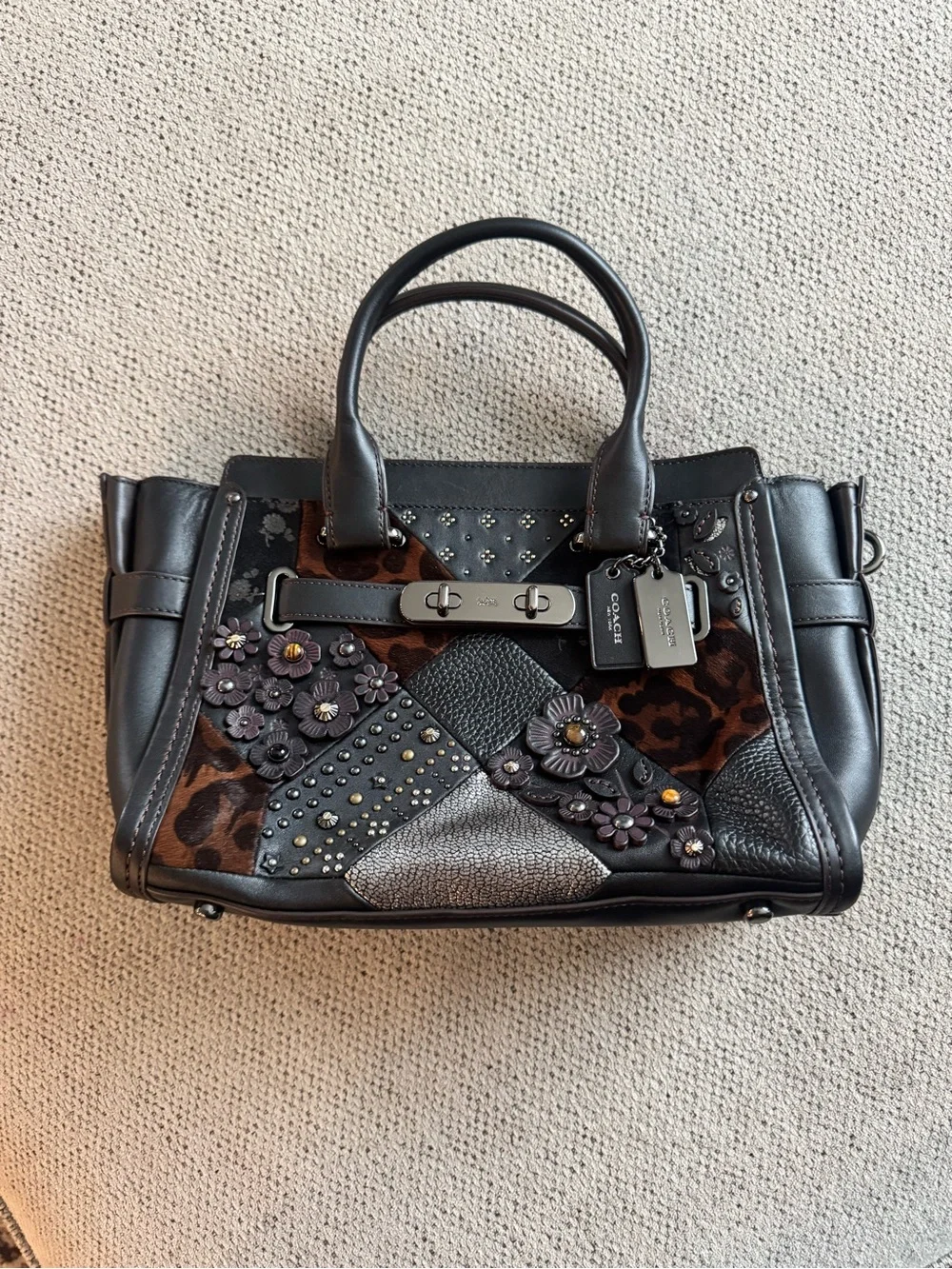 Coach swagger 27 Black and Brown Floral Patchwork Leather Satchel